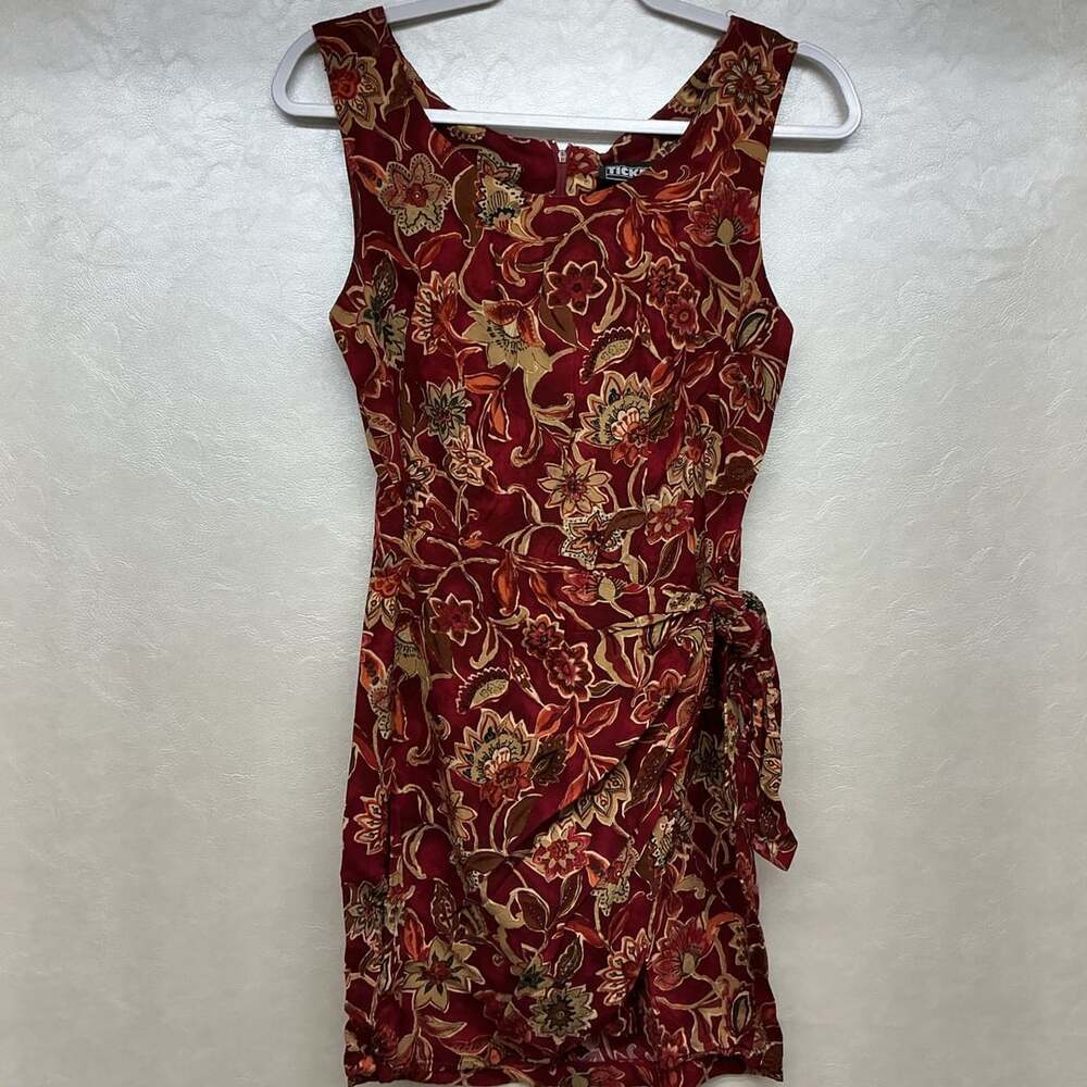 Tickets Vintage 90s Red Floral Sleeveless Side Tie Mini Dress Size 11/12